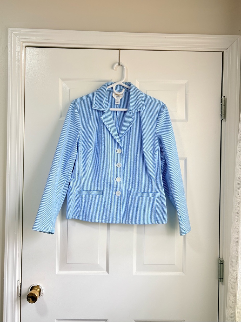 Talbots Light Blue and White Coastal Seersucker Blazer Size 12